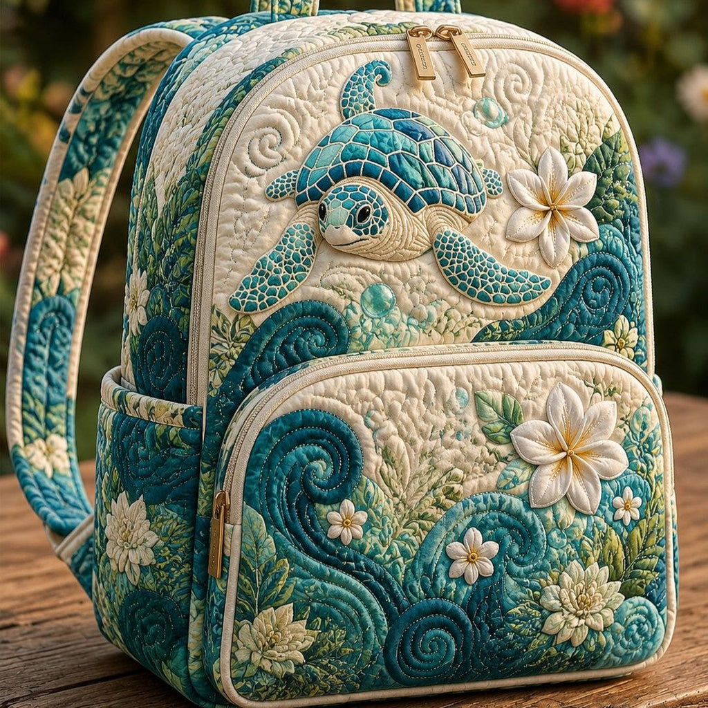 Turtle Waves quilted backpack – turtle in teal waves