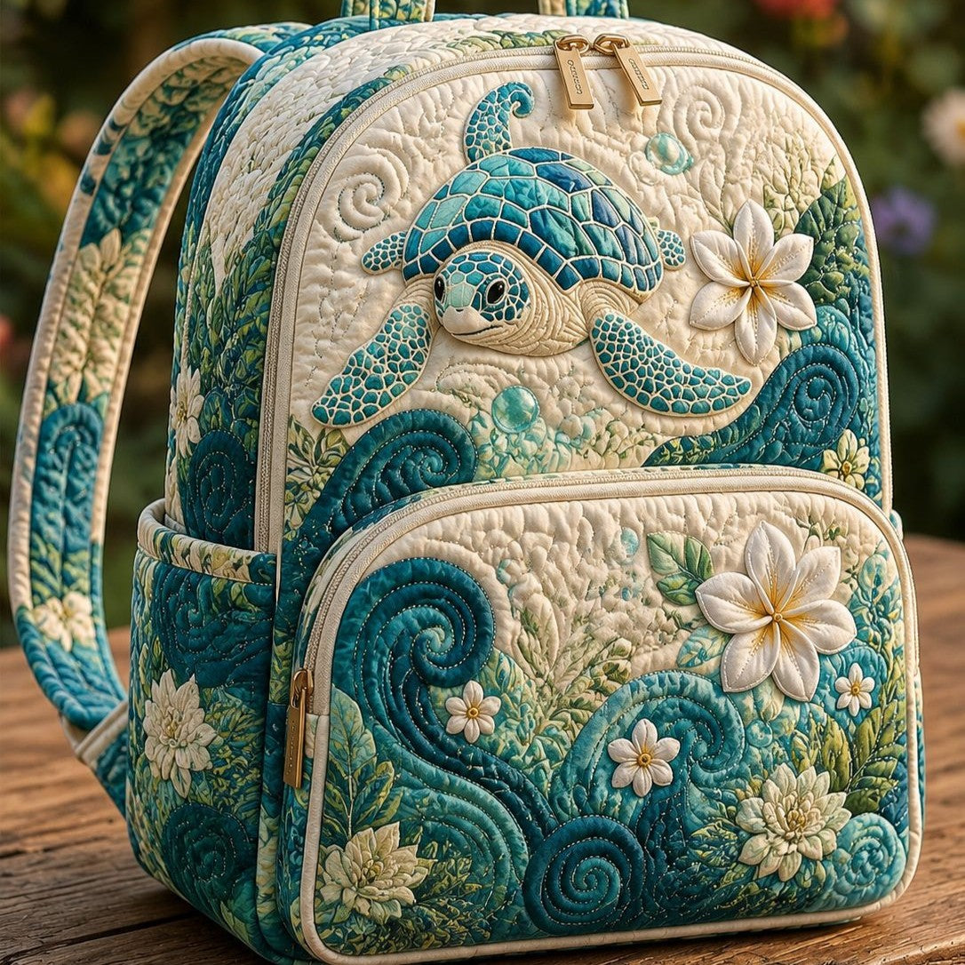 Turtle Waves quilted backpack – turtle in teal waves