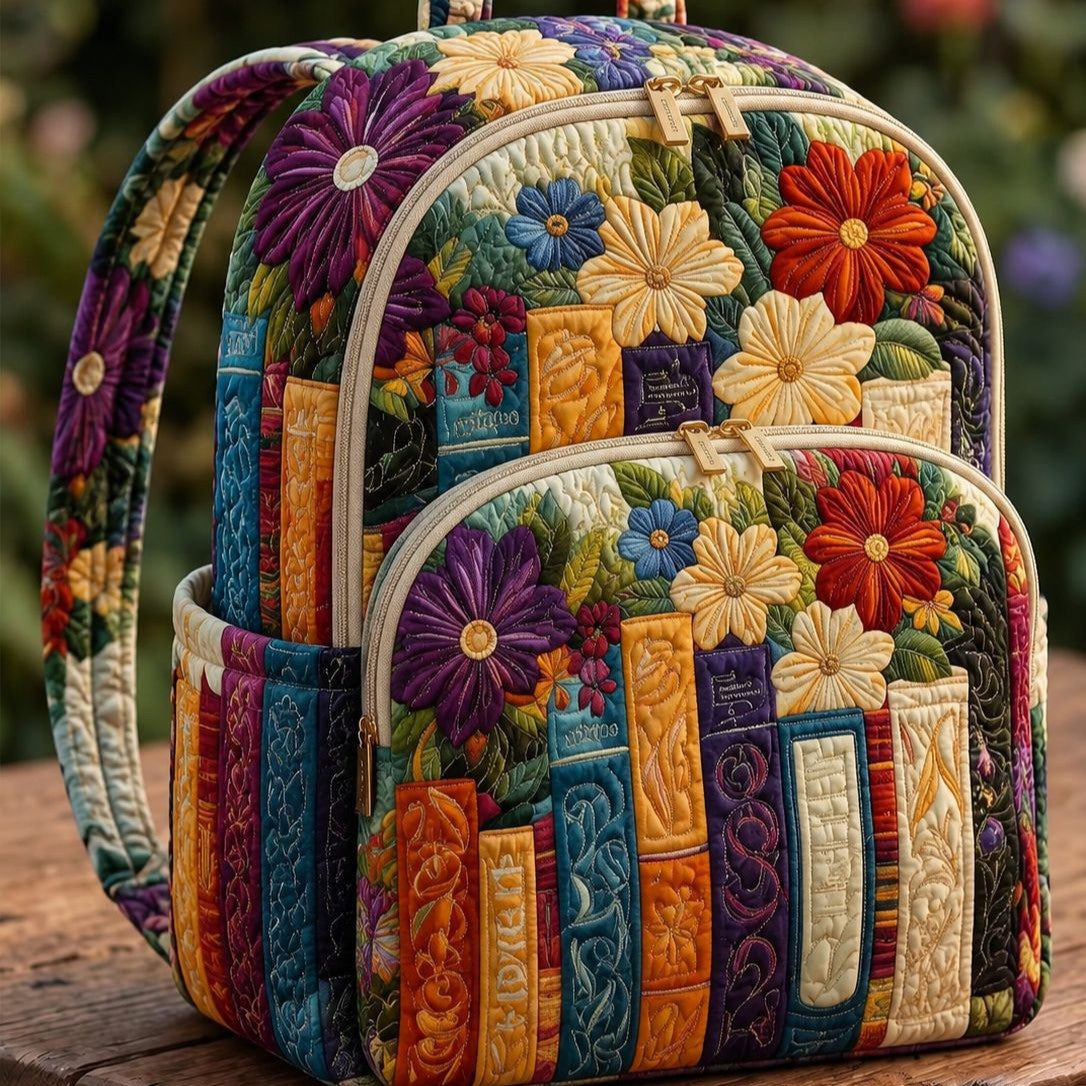 Daisy Bookshelf quilted backpack – books and daisies