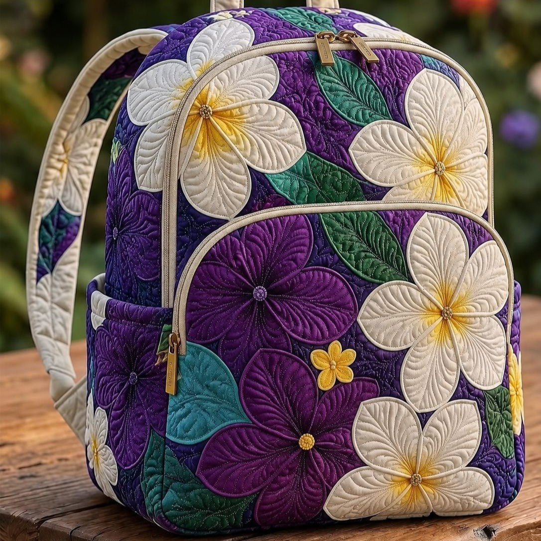Purple Plumeria quilted backpack – purple plumeria