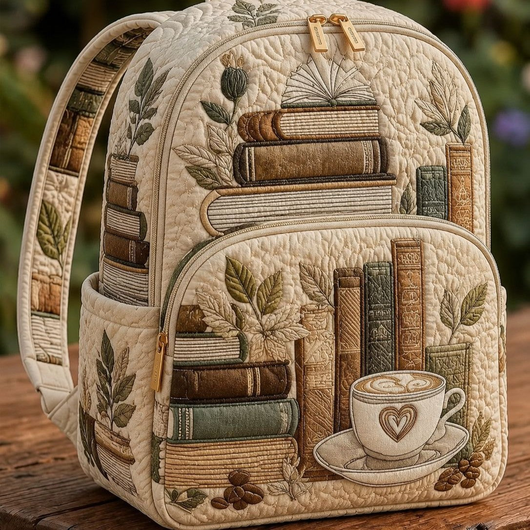 Coffee and Books quilted backpack – books and coffee