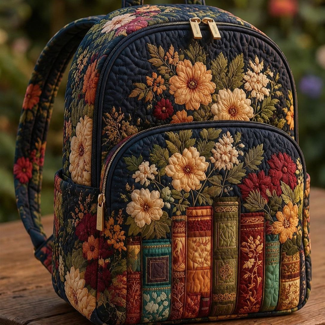 Midnight Library Blooms quilted backpack – books beneath flowers