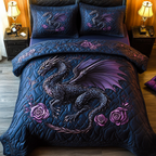 Midnight Dragon and Roses quilted bedspread set – silver dragon with lilac roses on navy