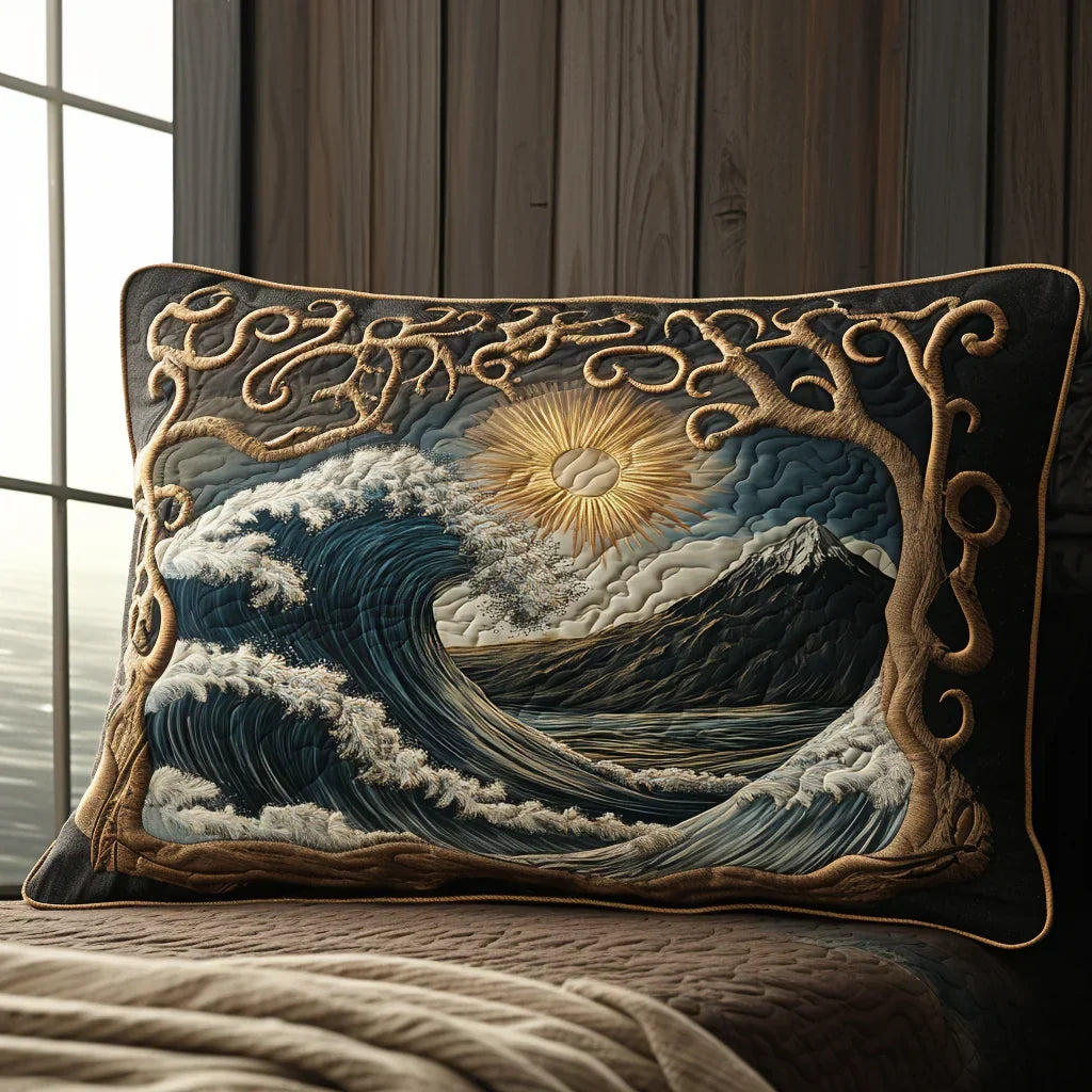 Quilted pillowcase with the Ocean Waves design of rolling blue and grey waves topped with pale foam