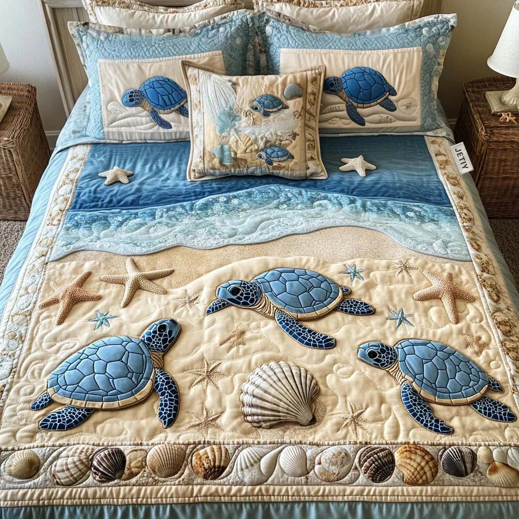 Quilted bedspread set with rolling waves in navy, teal and white foam in the Ocean Waves design