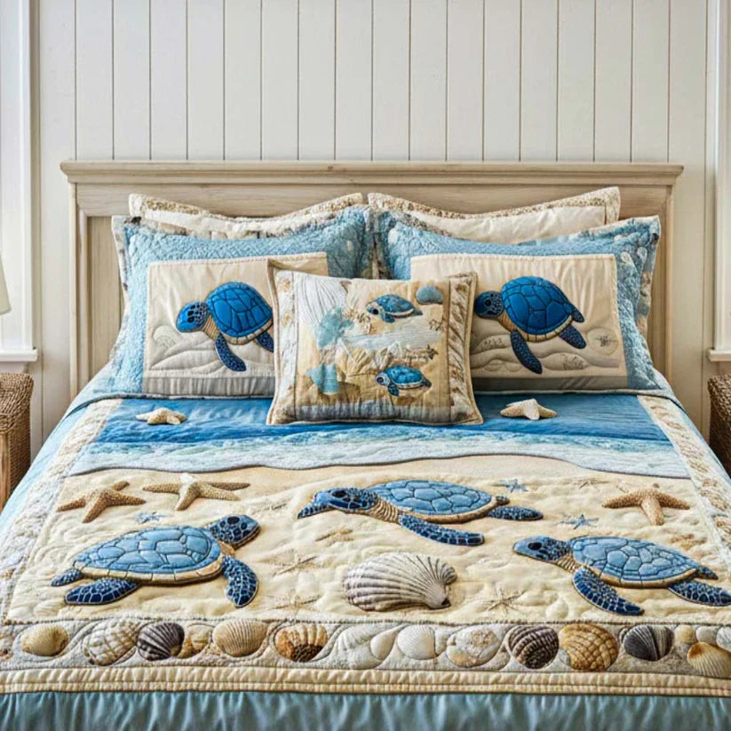 The Ocean Waves quilted bedspread set laid out on a made bed