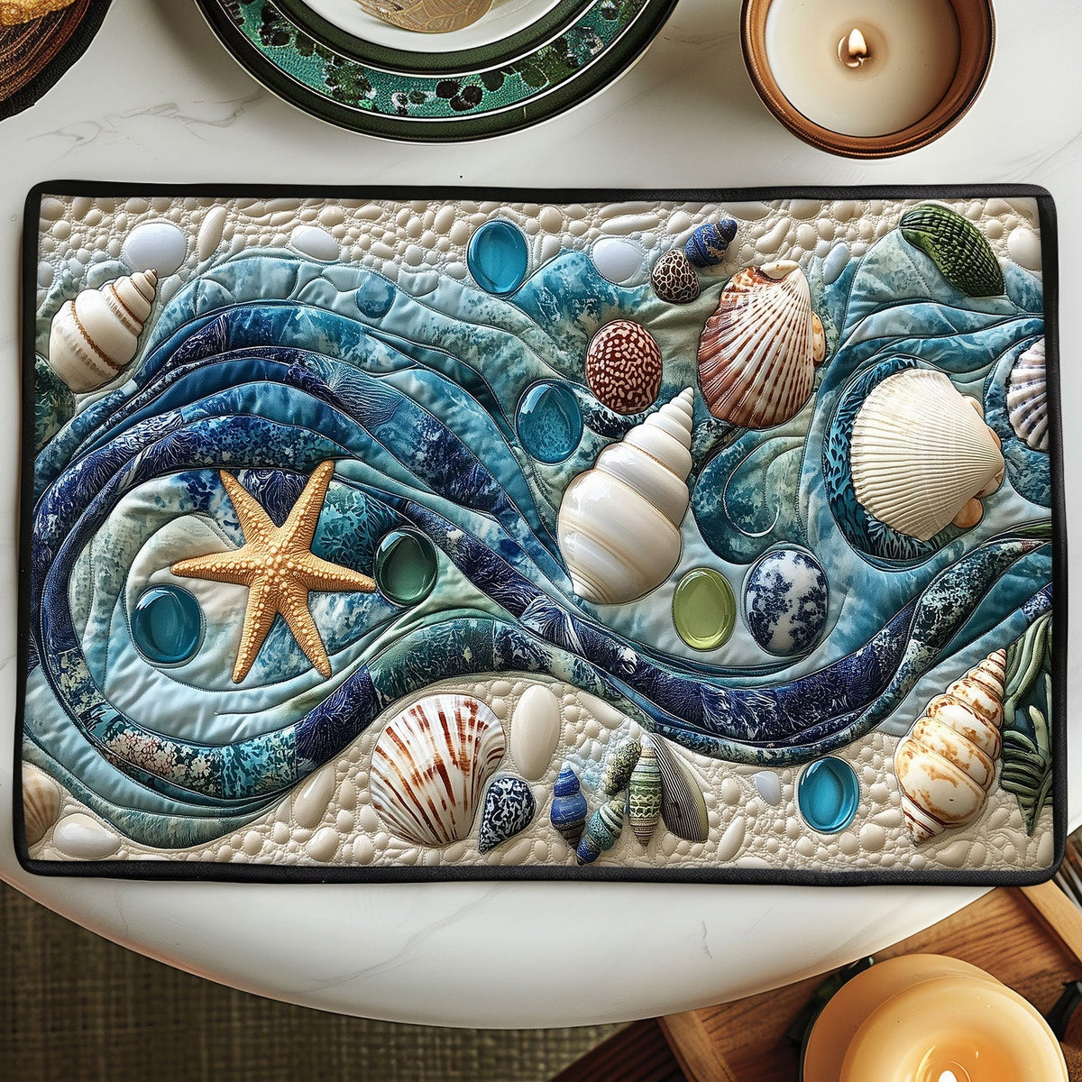 Swirling Shell Waves quilted placemats – shells in swirling waves