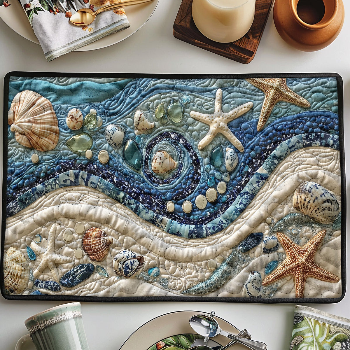 Shoreline Shells quilted placemats – starfish and wave