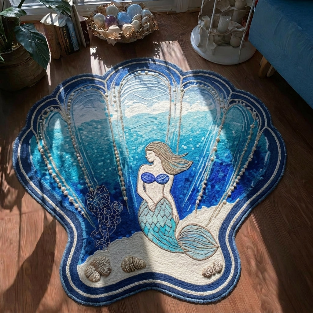 Ocean Whisper Mermaid shaped rug – mermaid in a shell