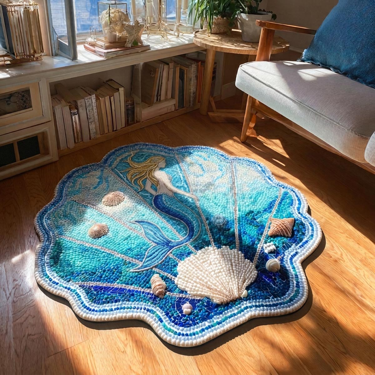 Ocean Bloom Shell shaped rug – shell in a blue pool