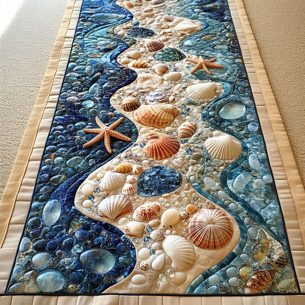 Shell River quilted table runner – shells along a blue river