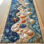 Shell River quilted table runner – shells along a blue river