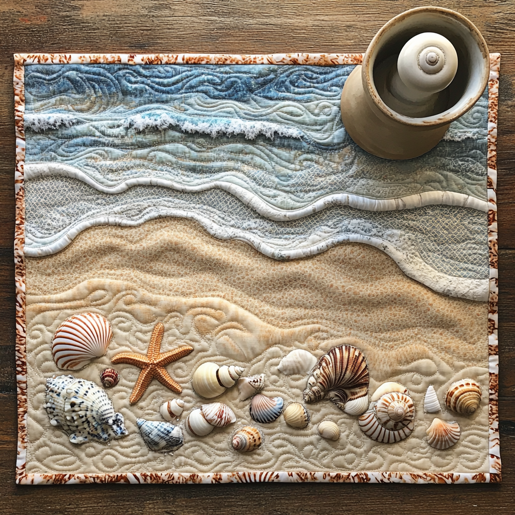 Ocean Breeze quilted placemats – shells on the shore