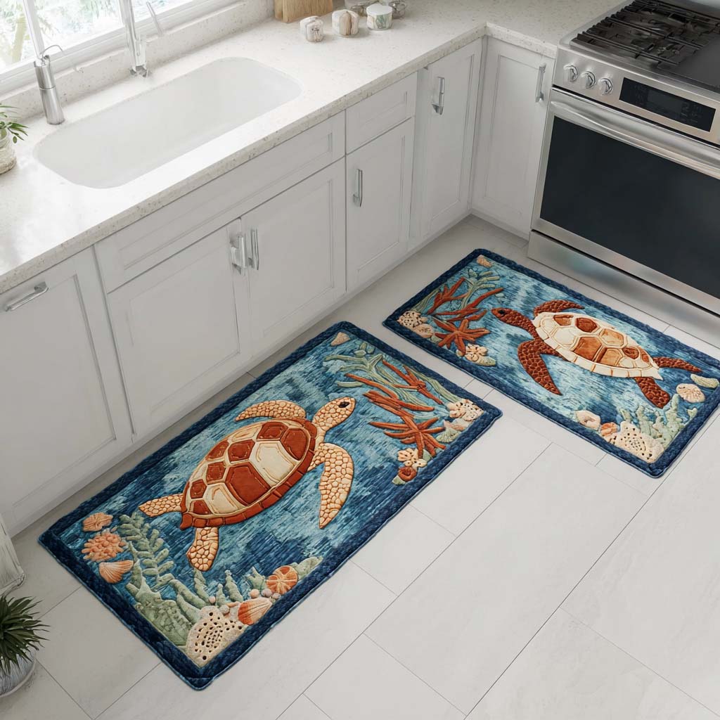 Orange Turtle Drift kitchen mat set – orange turtle in waves