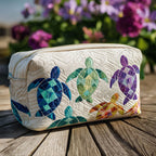 Ocean Drift quilted make-up bag with patchwork sea turtles in teal, green and purple on white