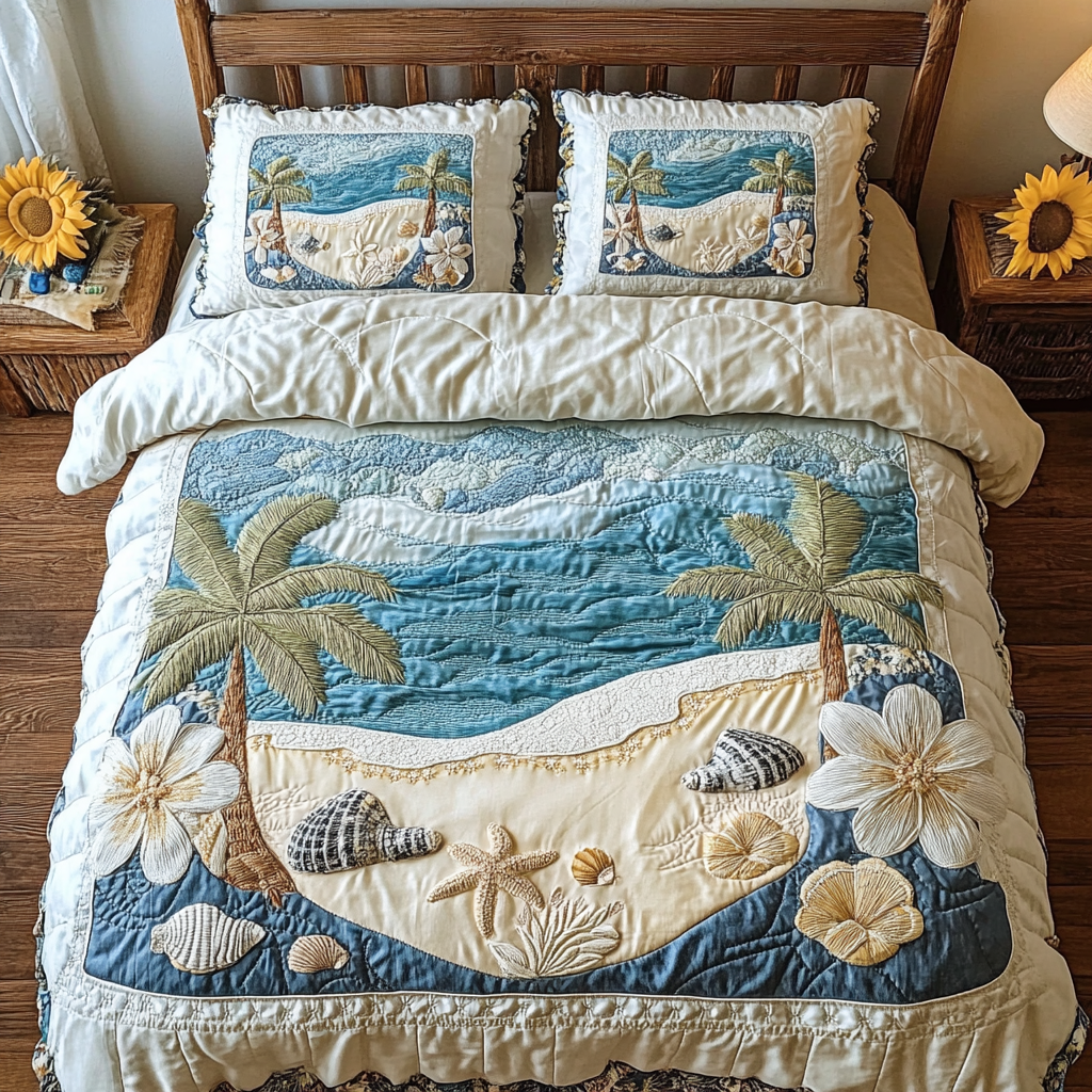 Seashell Shore quilted bedspread set – palms and seashells on a sandy beach