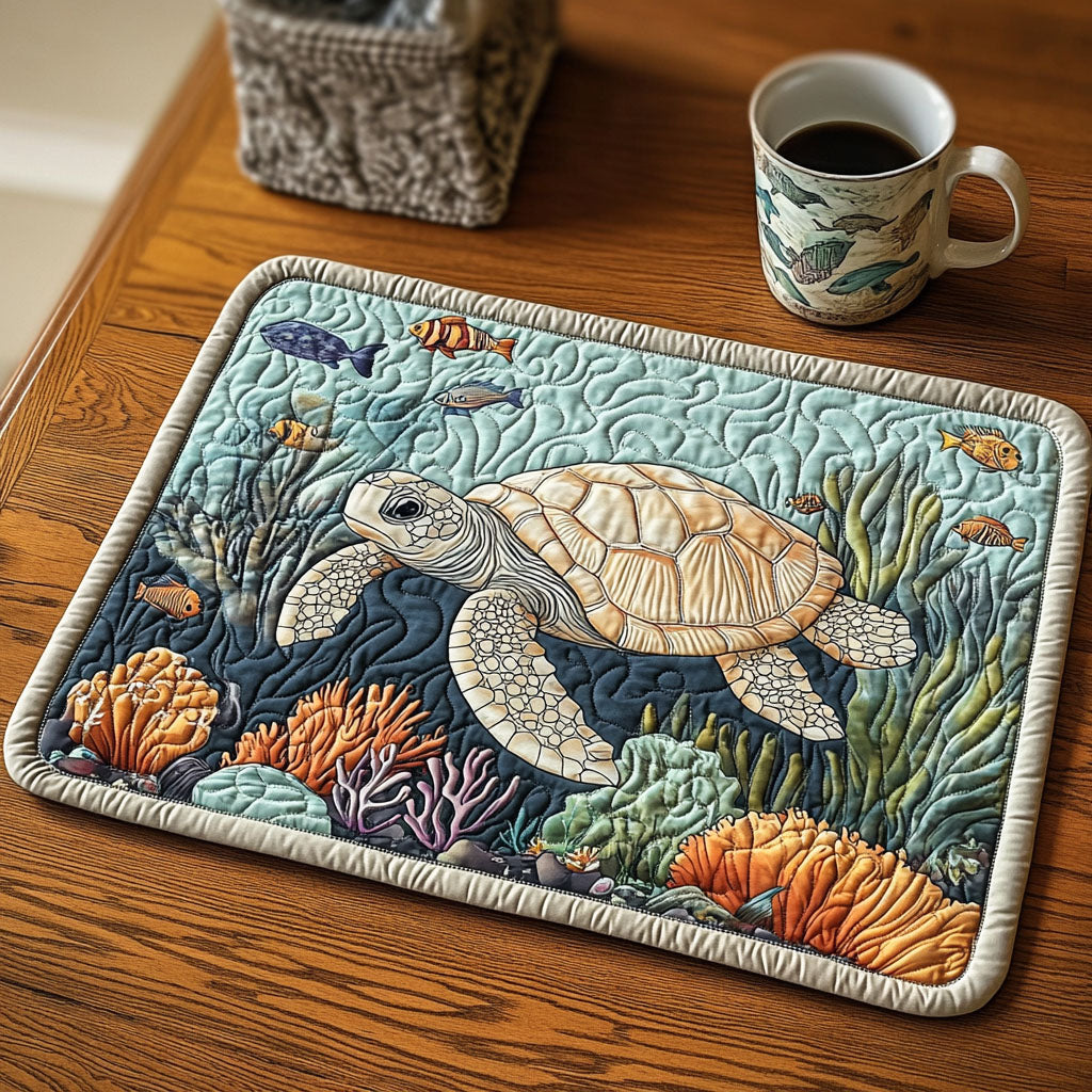 Ocean Glider quilted placemats – sea turtle over coral