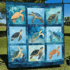 Turtle Blue Squares quilted throw – sea turtles in soft blue squares
