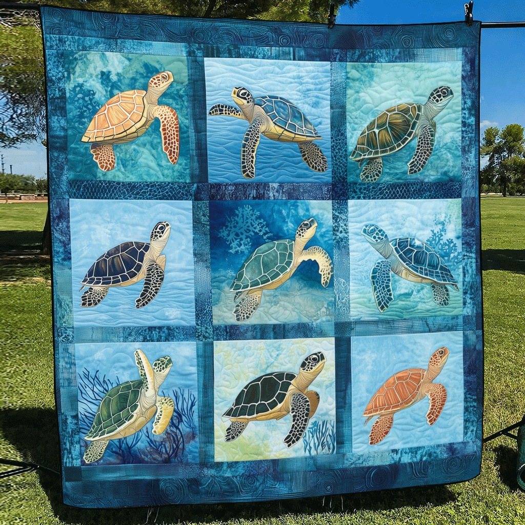 Turtle Blue Squares quilted throw – sea turtles in soft blue squares
