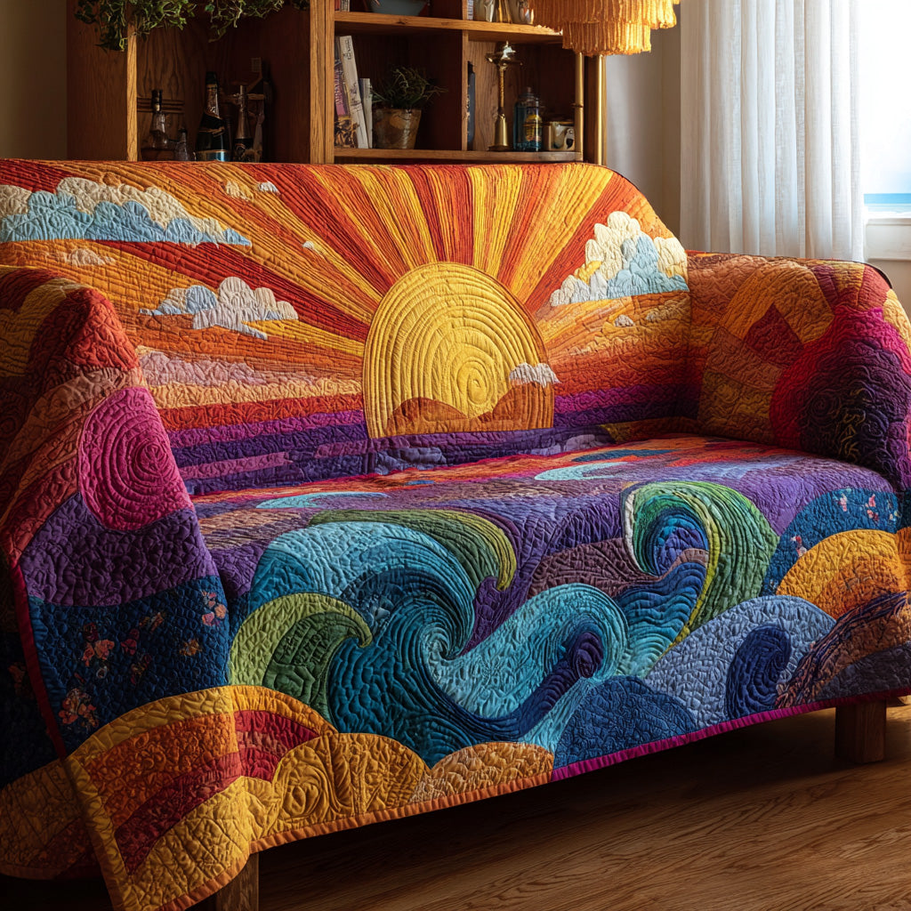 Sunrise Over Waves quilted sofa cover – golden sun over swirling waves