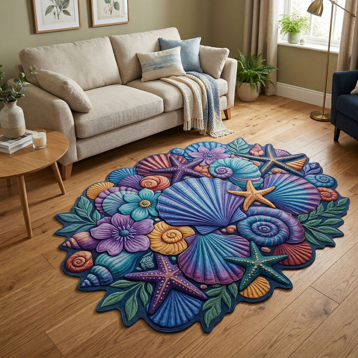 Ocean Shell Garden shaped rug – shell cluster