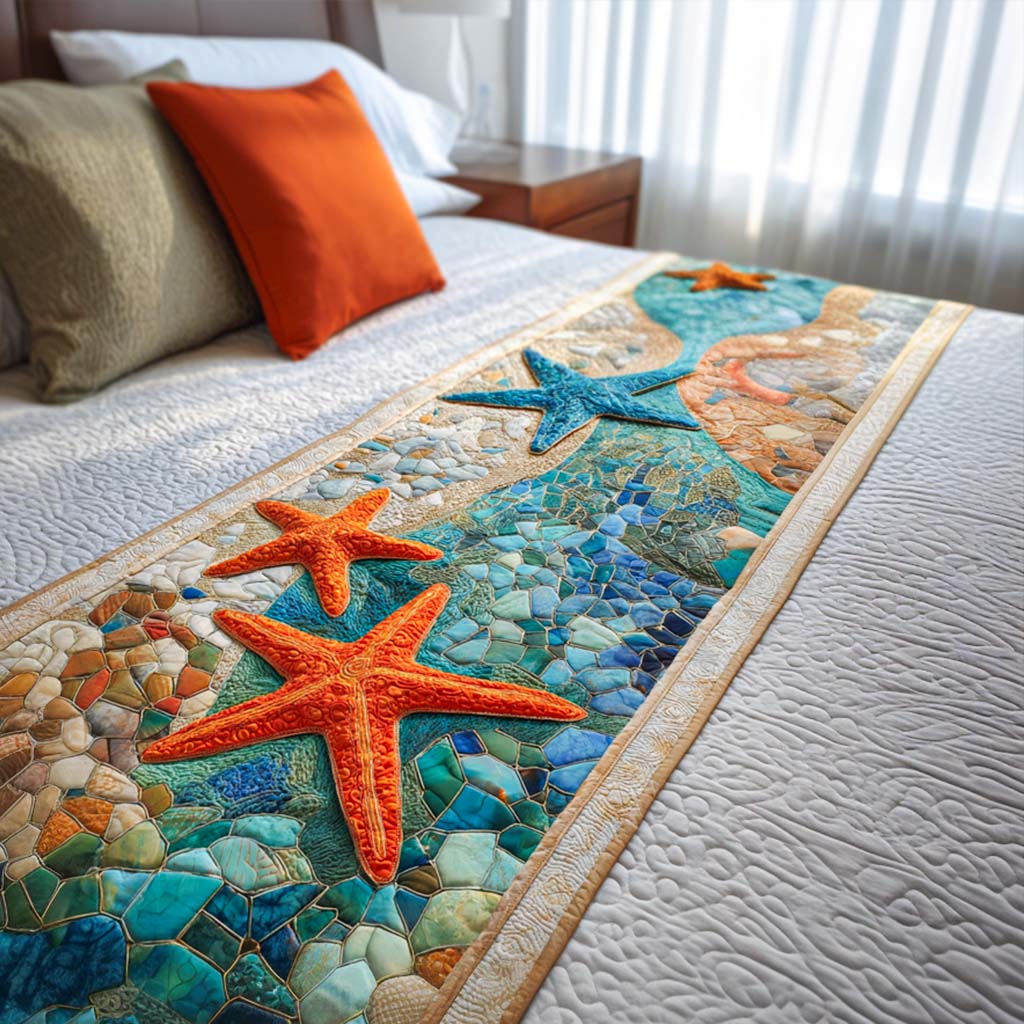 Starfish and Pebbles quilted bed runner – orange starfish on teal pebbles