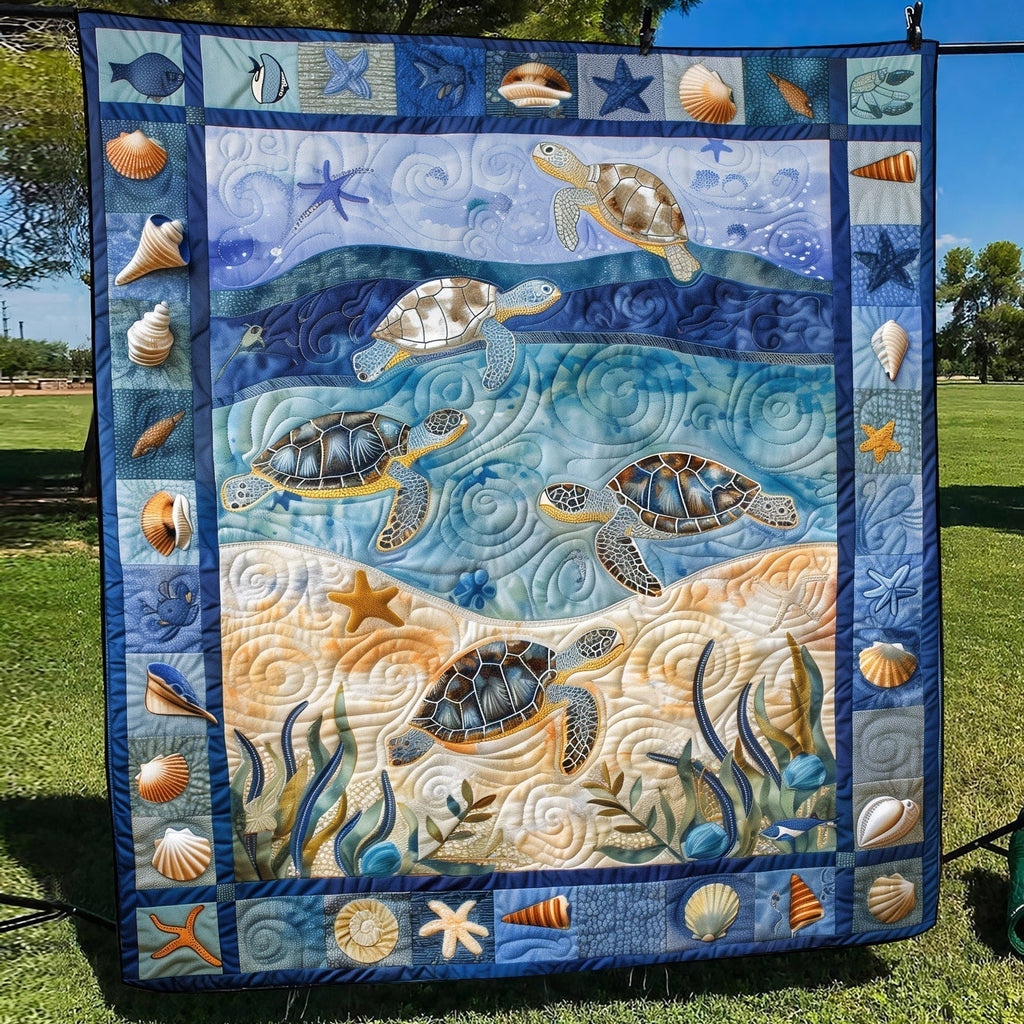 Turtle Shell Border quilted throw – sea turtles framed by a shell border