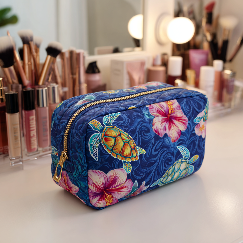 Hibiscus Turtle quilted make-up bag with sea turtles among pink hibiscus on royal blue