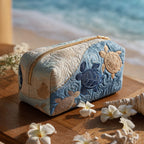 Ocean Turtle quilted make-up bag with pale blue sea turtle swimming across soft blue quilting