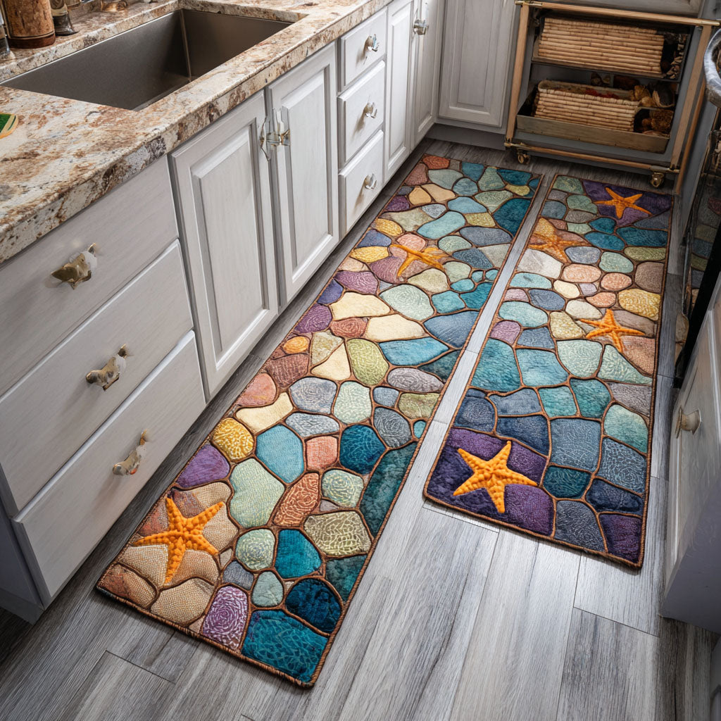 Mosaic Ocean View kitchen mat set – mosaic pebbles and starfish