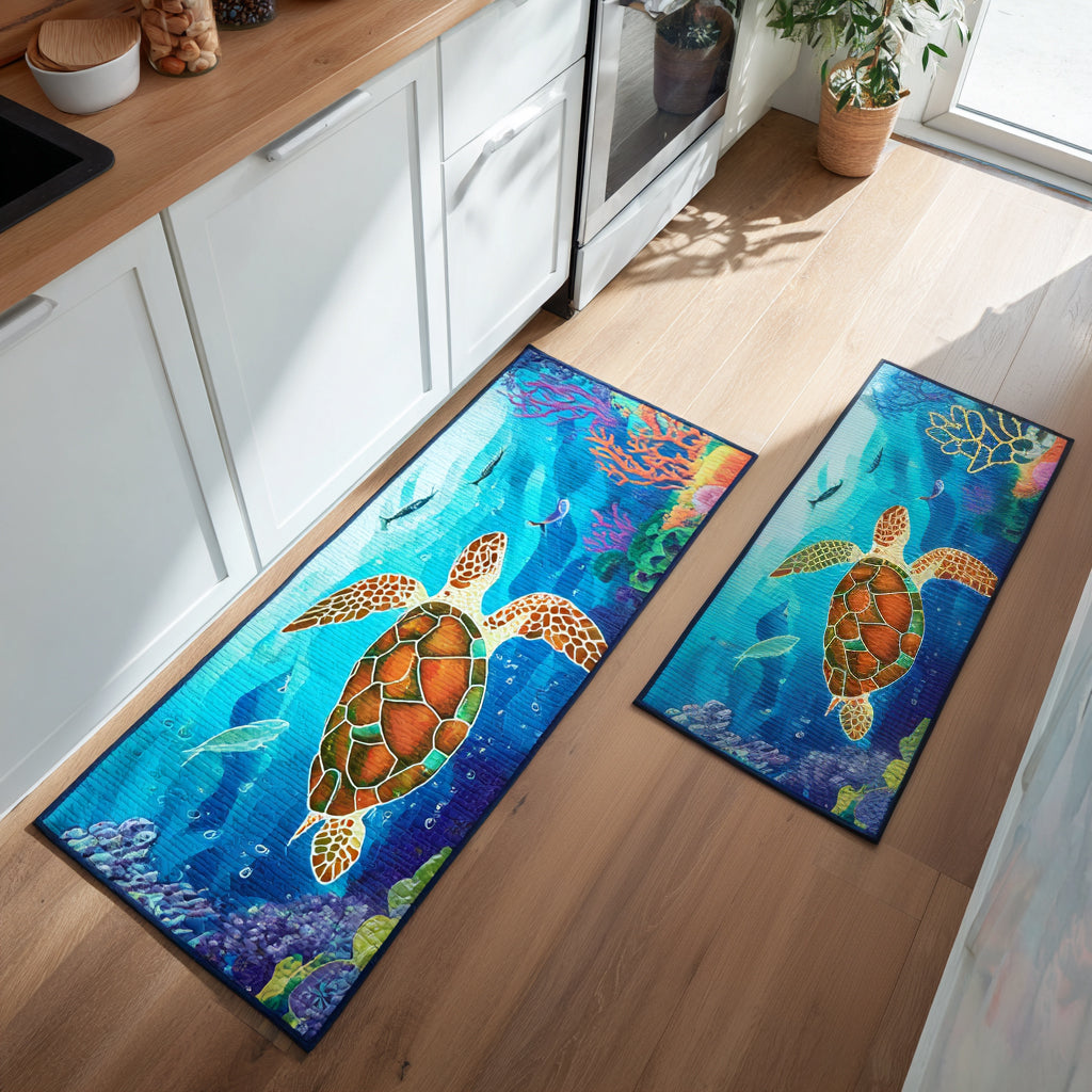Ocean Journey kitchen mat set – turtle in blue water