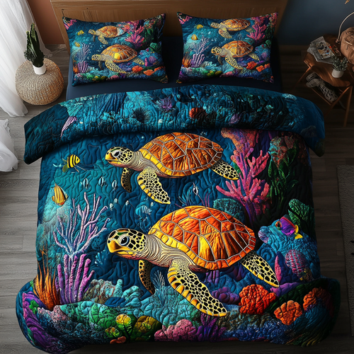 Coral Sea Turtles quilted bedspread set – golden sea turtles among colourful coral
