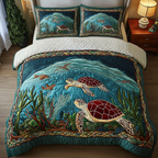 Sea Turtle Teal quilted bedspread set – sea turtle gliding through teal water