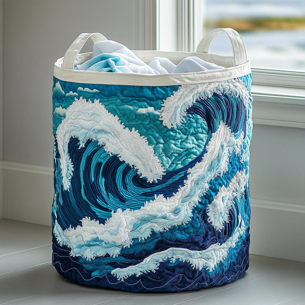 Quilted laundry basket with a great curling wave in indigo, teal and white foam in the Ocean Wave design