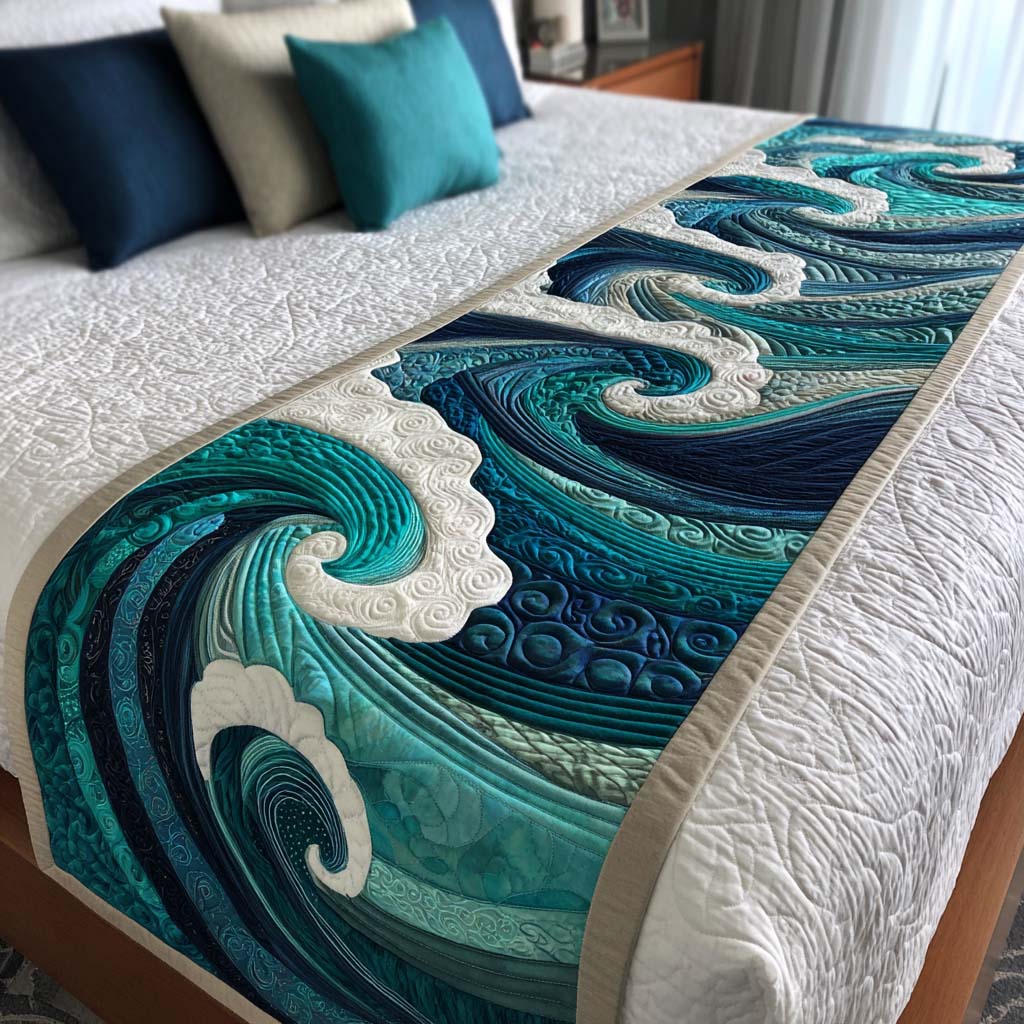 Teal Ocean Waves quilted bed runner – curling teal and navy waves