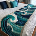 Teal Ocean Waves quilted bed runner – curling teal and navy waves