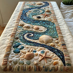 Shell Wave Swirl quilted table runner – shells along a blue wave