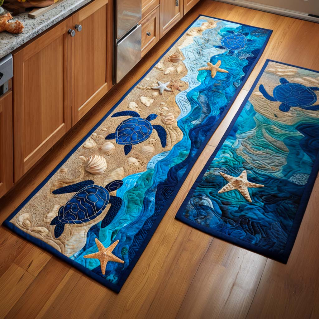 Oceanic Elegance kitchen mat set – turtles and shells on a wave