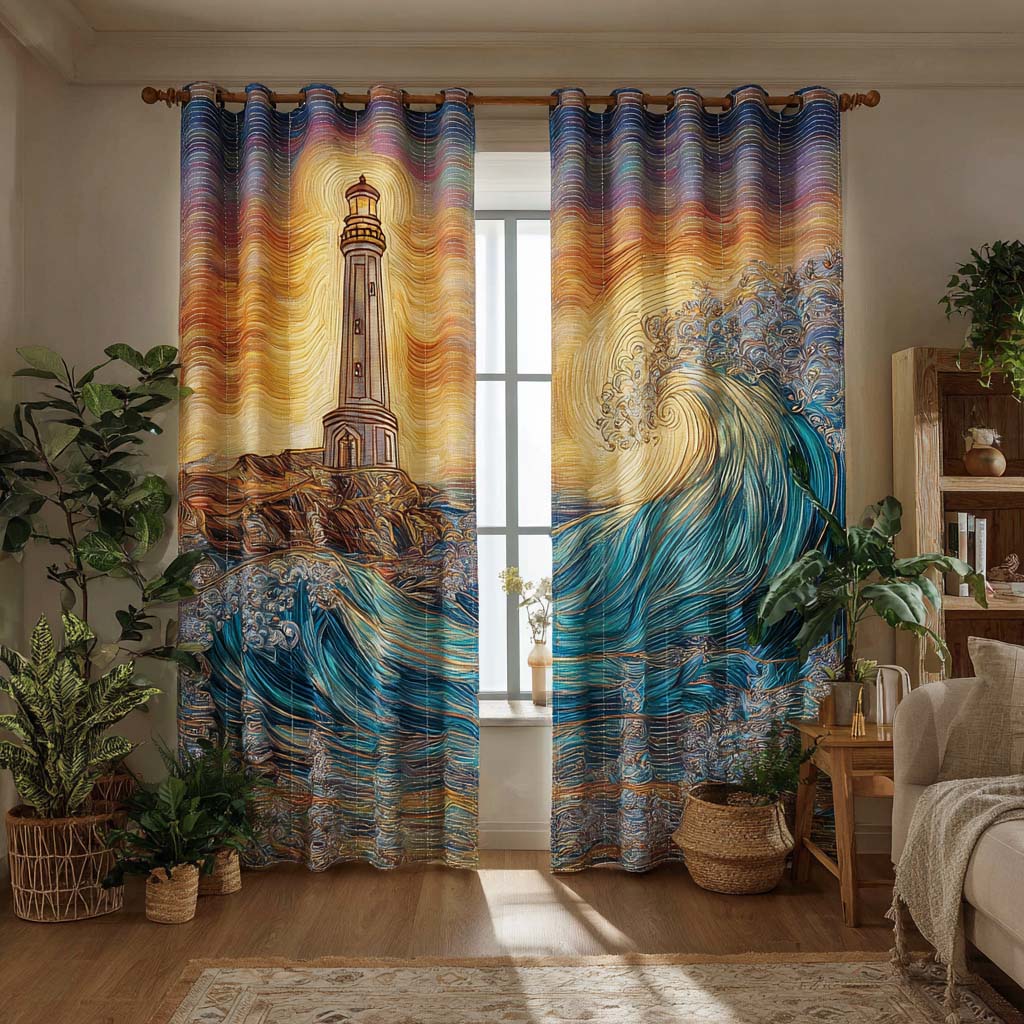 Lighthouse Great Wave quilted curtains – lighthouse beside a great wave