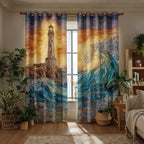 Lighthouse Great Wave quilted curtains – lighthouse beside a great wave
