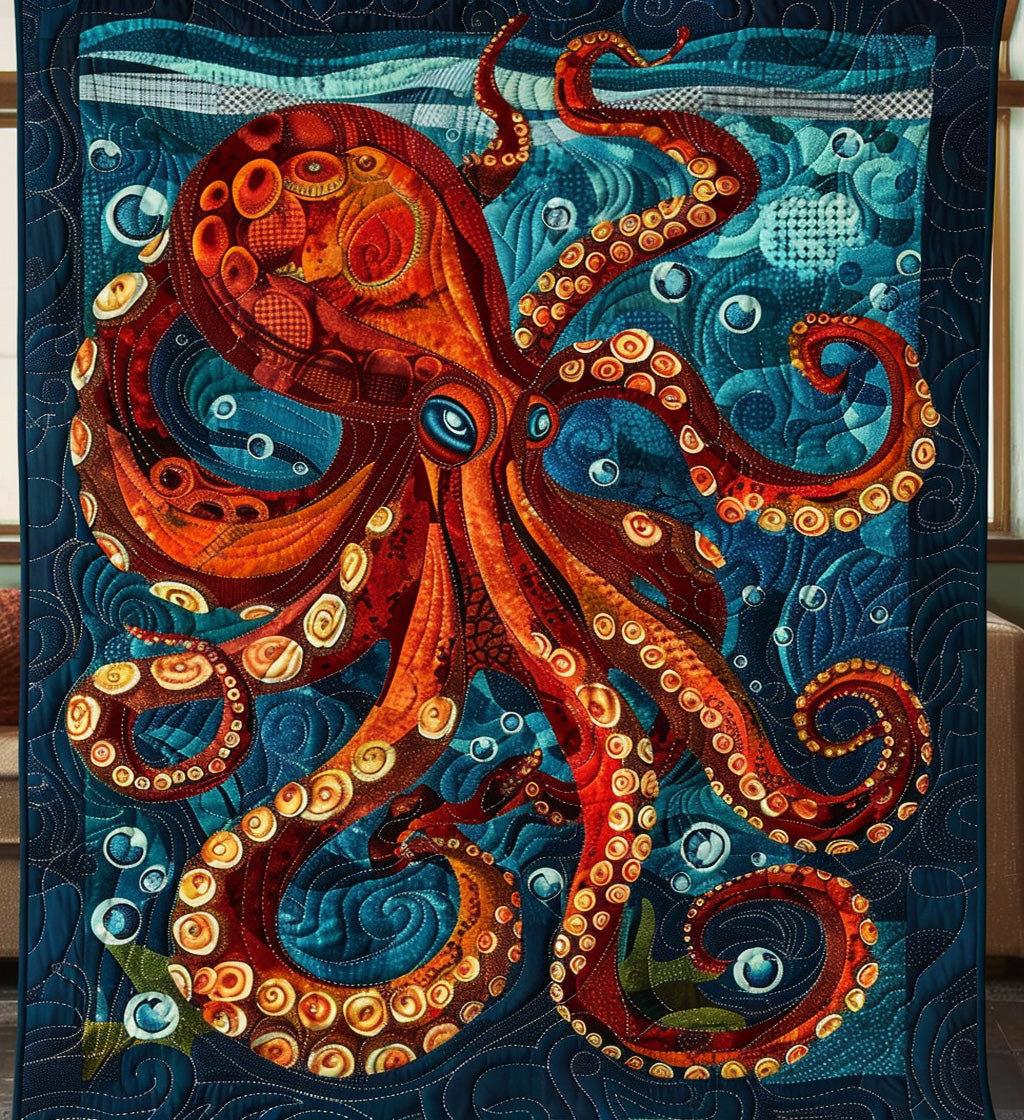 Red Octopus quilted throw – red octopus in swirling blue water