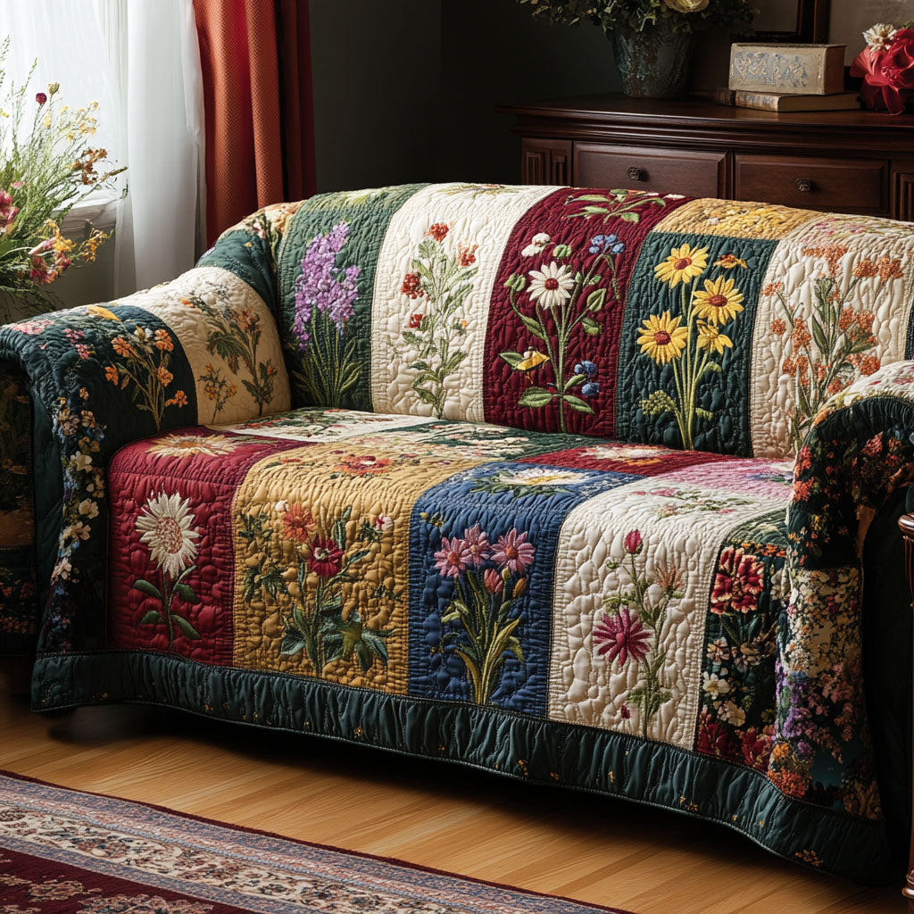 Wildflower Strip Patchwork quilted sofa cover – wildflowers in strip patchwork