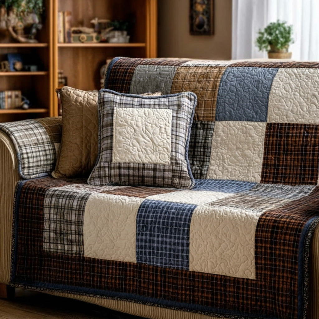 Plaid and Cream Squares quilted sofa cover – plaid and cream squares