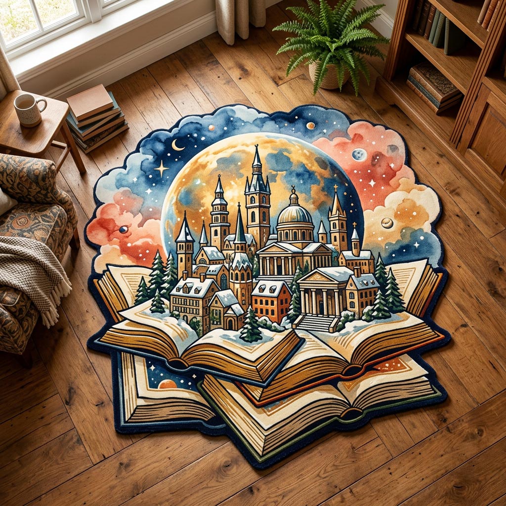 Old Manuscript shaped rug – city from a book