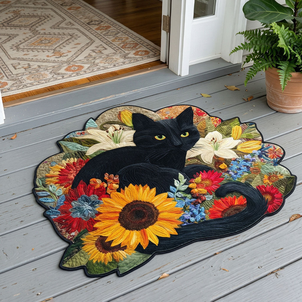 Onyx Petal Paradise shaped doormat – black cat and flowers