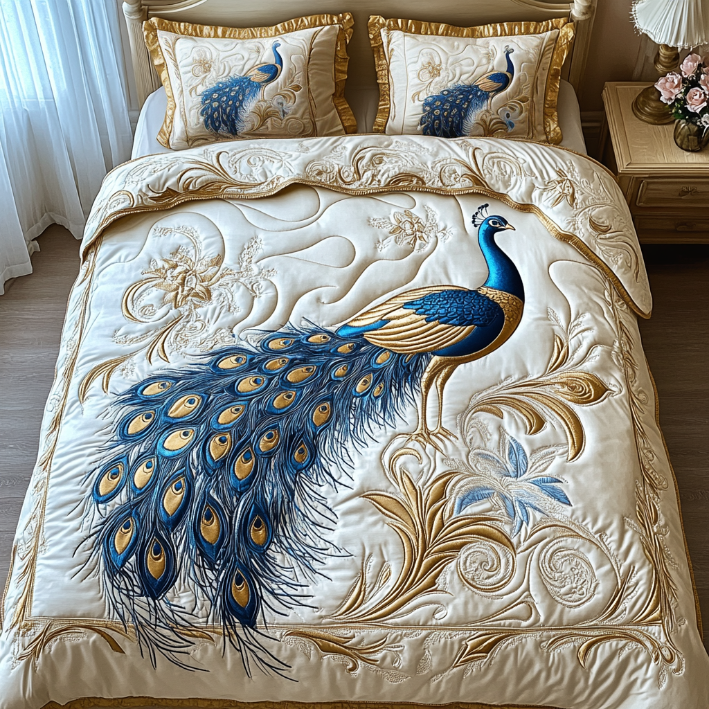 Peacock on Cream quilted bedspread set – blue peacock with jewelled tail on cream