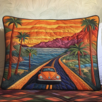 Coast Road Sunset quilted pillowcase – orange car on a palm-lined coast road