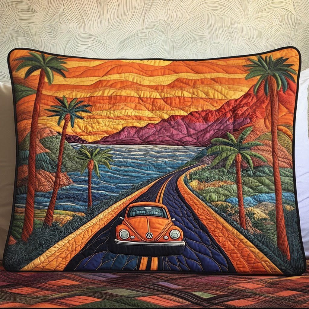 Coast Road Sunset quilted pillowcase – orange car on a palm-lined coast road