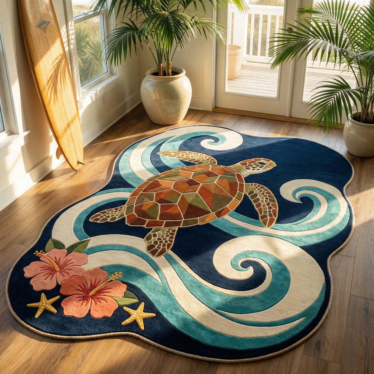 Pacific Turtle shaped rug – turtle in teal waves