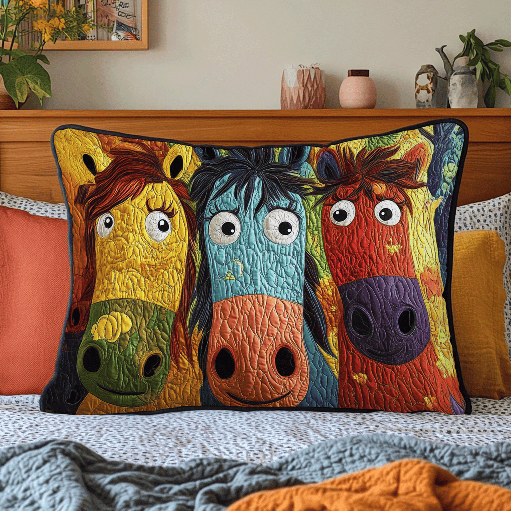Painted Ponies quilted pillowcase – three wide-eyed ponies in bright colours